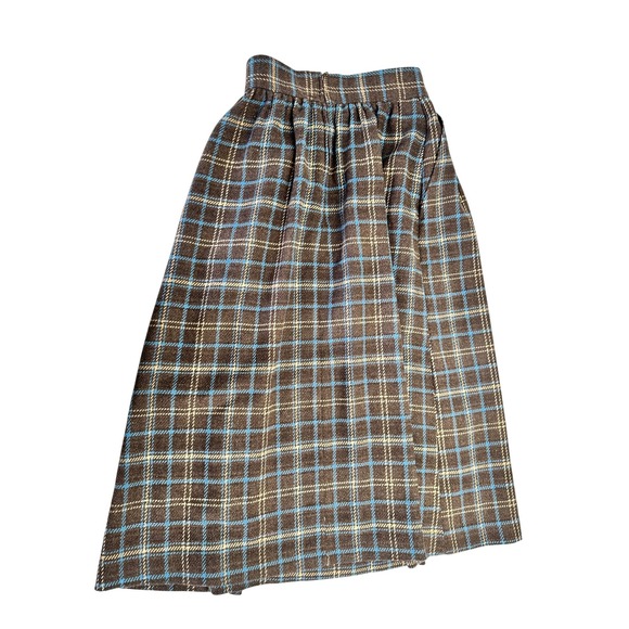 Vintage 70s 80s Plaid Wool Tweed Academic Skirt Brown Midi Length A-Line Sz S - Picture 10 of 10